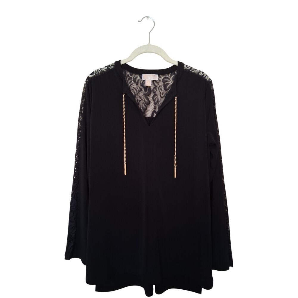MICHAEL Michael Kors Black Lace-Yoke Blouse with Gold Chain Drawstrings Women's